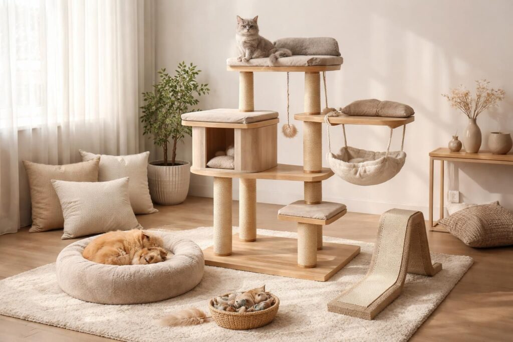 Créez un coin douillet pour votre chat avec arbres, coussins et accessoires design intégrés