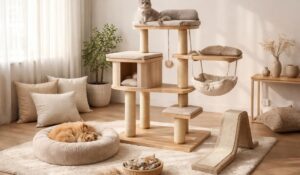 Créez un coin douillet pour votre chat avec arbres, coussins et accessoires design intégrés