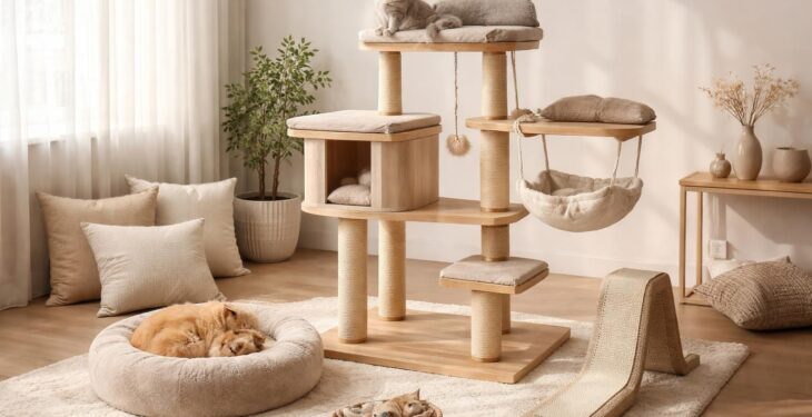 Créez un coin douillet pour votre chat avec arbres, coussins et accessoires design intégrés