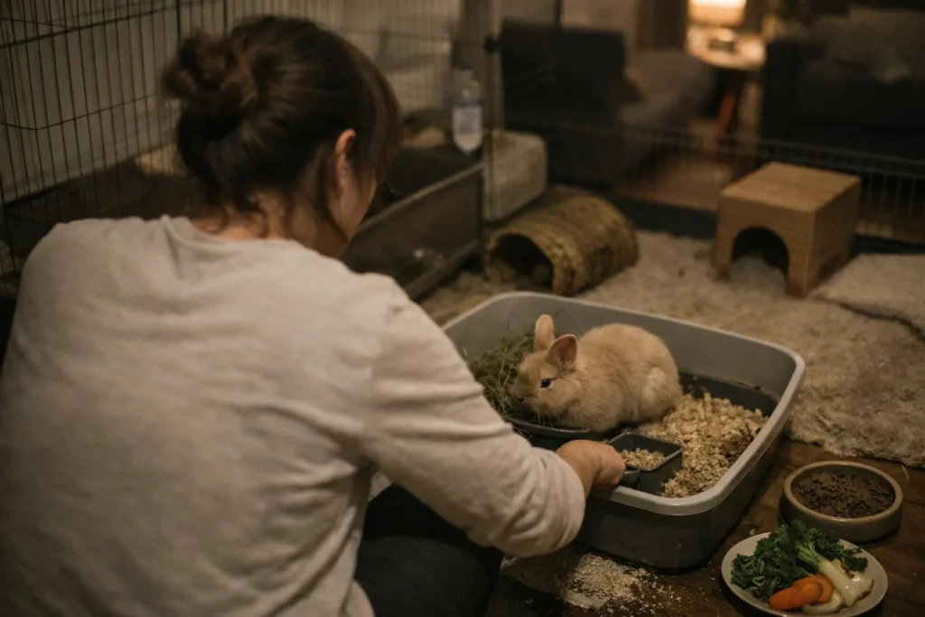 Lapin nain en appartement : litière, foin, dents, éviter le vétérinaire
